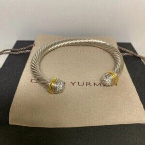 David Yurman Silver & 18k Gold 7mm Cable Cuff Bracelet With Diamonds